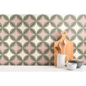 Peel and Stick Removable Fabric Wallpaper - Vinatge Retro Pattern - Geometric Floral - Calpernia Green Pink Cream