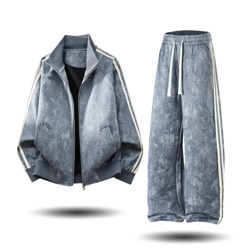 Men's Vintage Washed Stripe Tracksuit, Stand Collar Zip Jacket & Cuffed Pants Two-Piece Set, Textured Casual Sports Outfit For Daily Commute, Street And Outdoor Wear