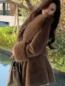 Women's Mid-Length Faux Fur Coat with Hat, Casual Warm Winter Waist Belt Fashion Jacket, Stylish Outerwear for Cold Weather