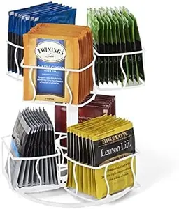Tea organizer,Tea Bag Spinning Carousel – 6 Compartments, Up to 60 Tea Bags Storage, Spins 360-Degrees,  Modern White Design, Home or Office Kitchen Counter Organizer Coffee