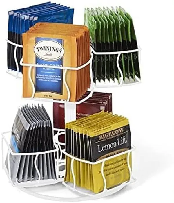 Tea organizer,Tea Bag Spinning Carousel – 6 Compartments, Up to 60 Tea Bags Storage, Spins 360-Degrees,  Modern White Design, Home or Office Kitchen Counter Organizer Coffee