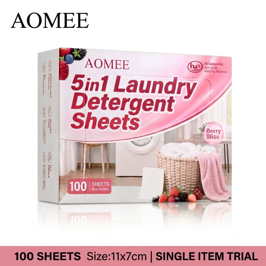 AOMEE Laundry Detergent Sheets, 100 Sheets, Glycerin-Infused, Non Toxic, Mild Berry Gentle Formula, Powerful Stain Removal, Deep Cleans Intimates, Safe Ingredients, No Harsh Chemical Residue from Optical Brighteners, Household Cleaner