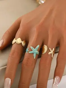 3 Piece Starfish Shell Metal Open Ring Set, Adjustable Boho Style Rings, Perfect for Summer Beach Vacation, Ideal Gift for Her