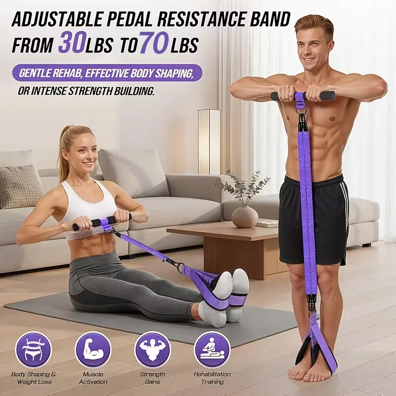 Upgraded Multi-Functional Pedal Resistance Band with Handles - 3 Adjustable Tubes, 120lb Total Resistance for Core, Arm, Leg Fitness Training Equipment