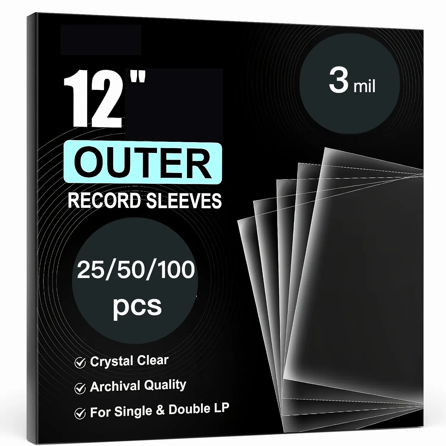 100/50/25pcs 12In LP Crystal Vinyl Record Outer Sleeves for Album Covers - 3 Mil Archival-Grade, 12.75"X12.75", Perfect Fit for Single/Double Lps & Gatefolds
