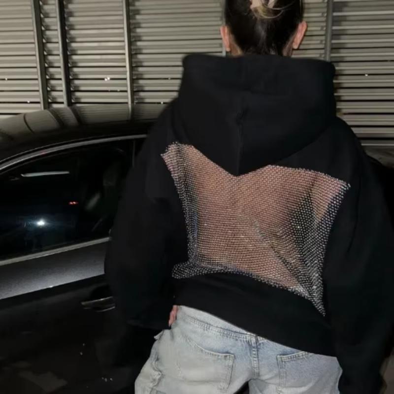Women's Black Hoodie Open Back Mesh Cutout Edgy Streetwear Casual Party Night Comfortable Relaxed Fit Fashion Trendy Chic Top Sweatshirts Long Sleeve Floral Womenswear