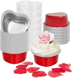 Heart Shaped Cake Pans for Baking with Red Petals, 50 Sets Aluminum Cupcake Cups with Lids, 100 ml/ 3.5 Ounces Red Disposable Mini Foil Pans for Valentine's Day Wedding Parties