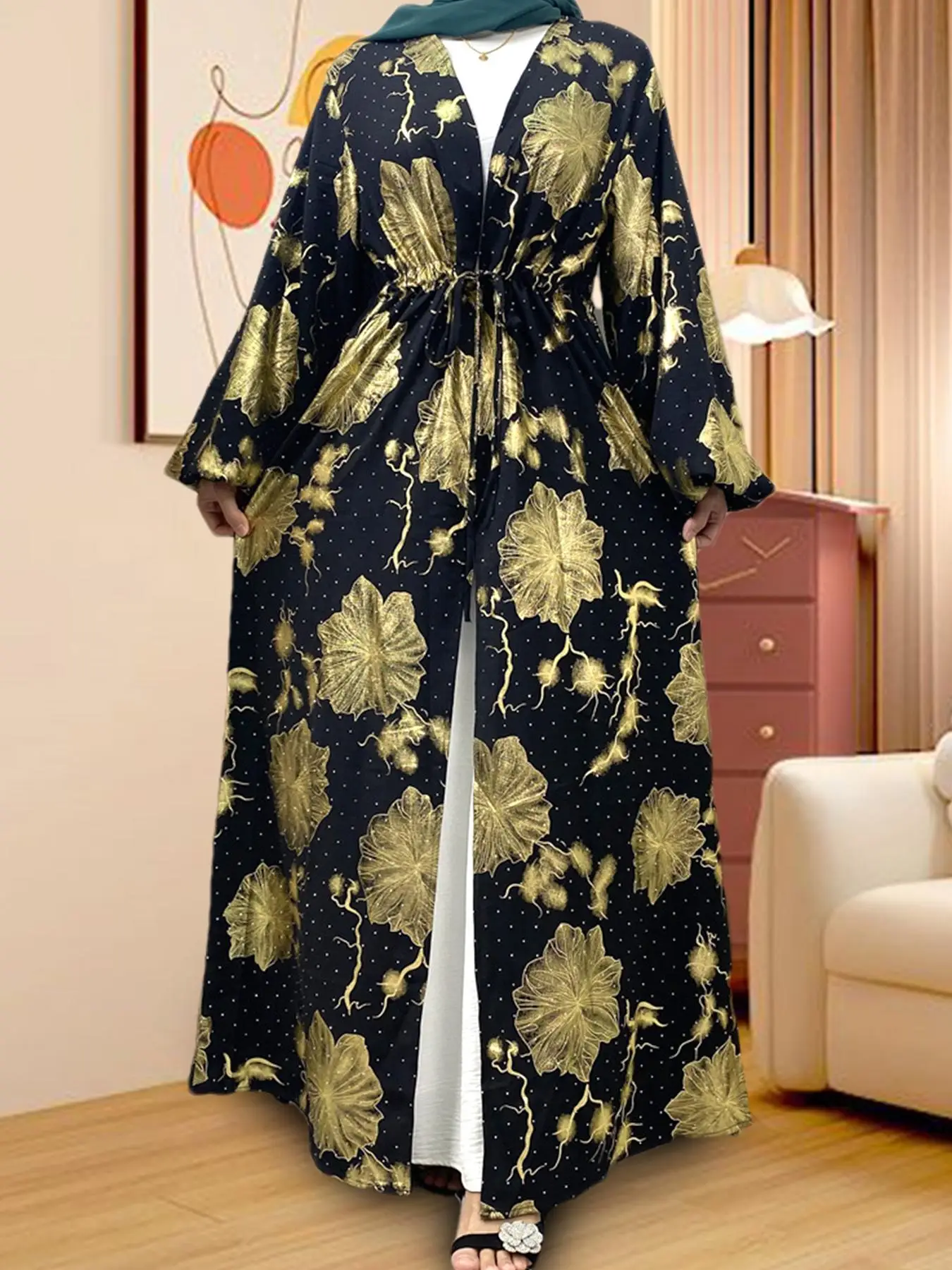Women's Floral Print Long Sleeve Abaya Dress, Modesty Elegant Open Front Kimono Robe, Muslim Chic Islamic Clothing for Women