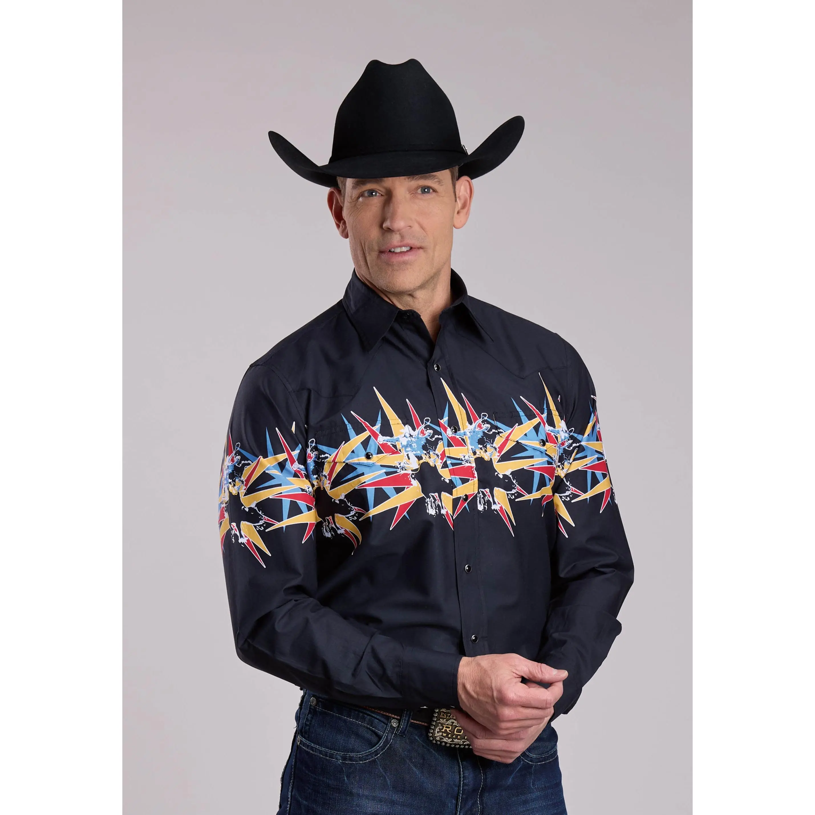 Mens Roper Star Bull Border Long Sleeve Snap Shirt