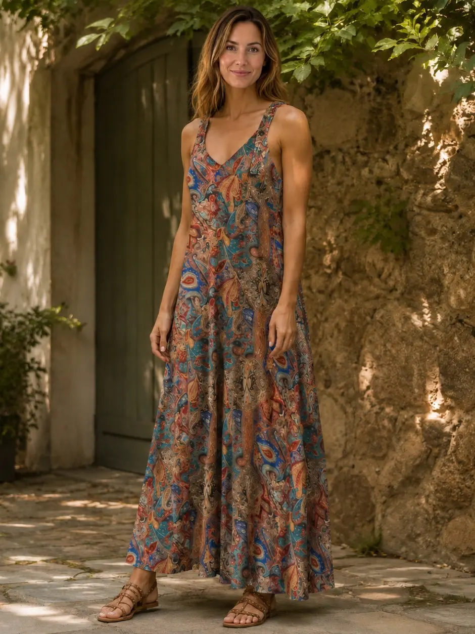 Women's Boho Suspender Jumpsuit, Breathable Paisley Print Wide Leg Style with Adjustable Button Straps, Comfortable Open Back Summer Wear, Beach, Feminine, Lady, Overalls, Bohemian, Ethnic, Fitted, Piece, Casual, Fabric, Sleeveless, Polyester