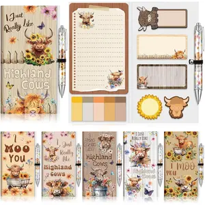 6 Pack Highland Cow Sticky Notes and Pens Set Cartoon Highland Cow Sticky Notes Pads Self-Adhesive Writing Memo Pads Teacher Appreciation Gifts for School Office Favors