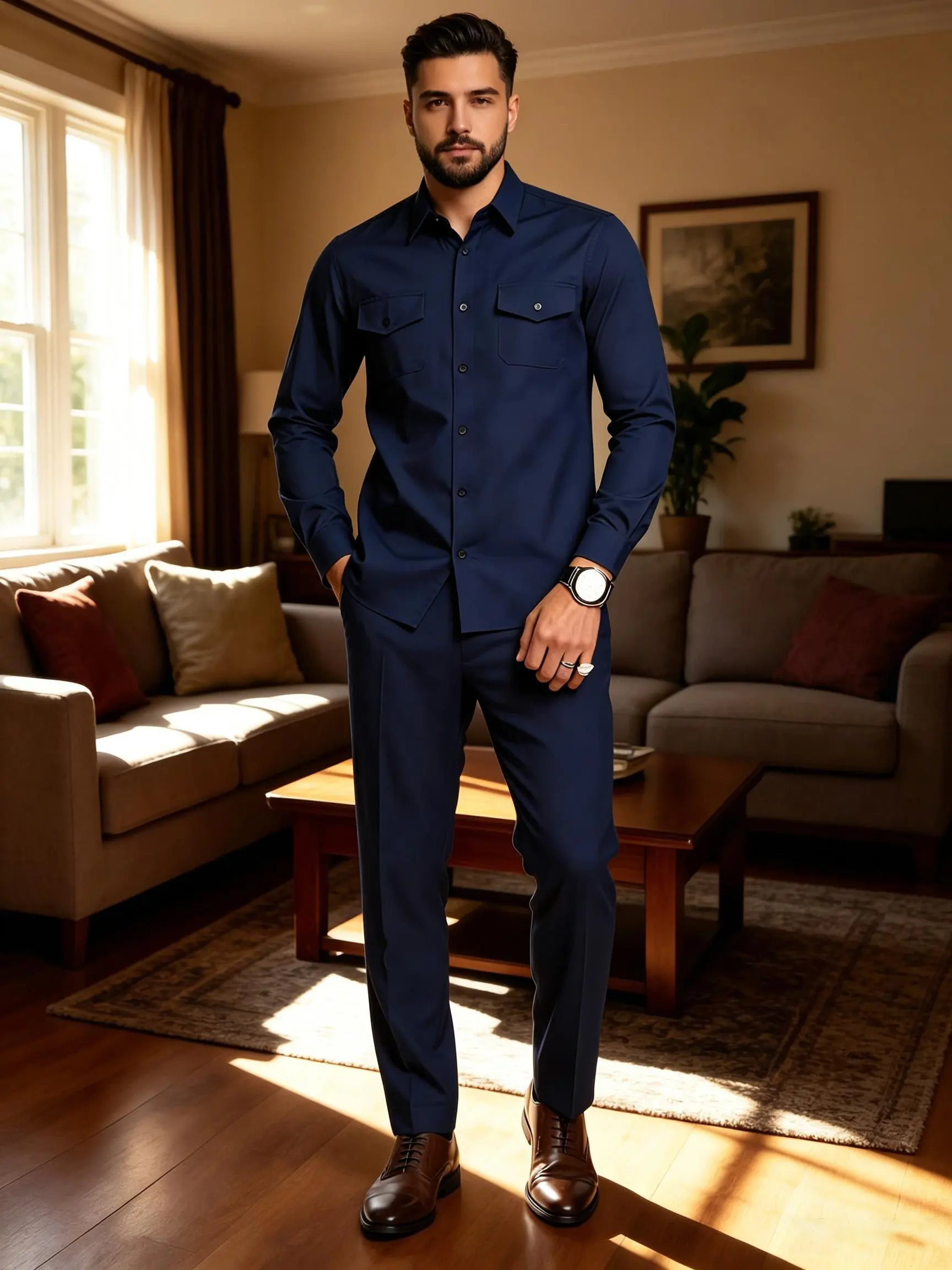 Men's 2-Piece Solid Color Casual Set: Long-Sleeve Lapel Shirt and Zipper-Fly Trousers – A Chic, Comfortable Outfit for Daily Wear (Autumn/Winter) # men full set # tracksuit outfit # casual set # casual sport set # athleisure summer clothes # short pant