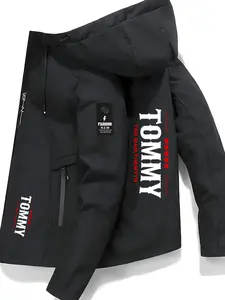 Men's Fashion Jacket with Tommy Logo, Stylish Zipper Pockets, Casual Hooded Design, Polyester Material, Spring & Fall Wear