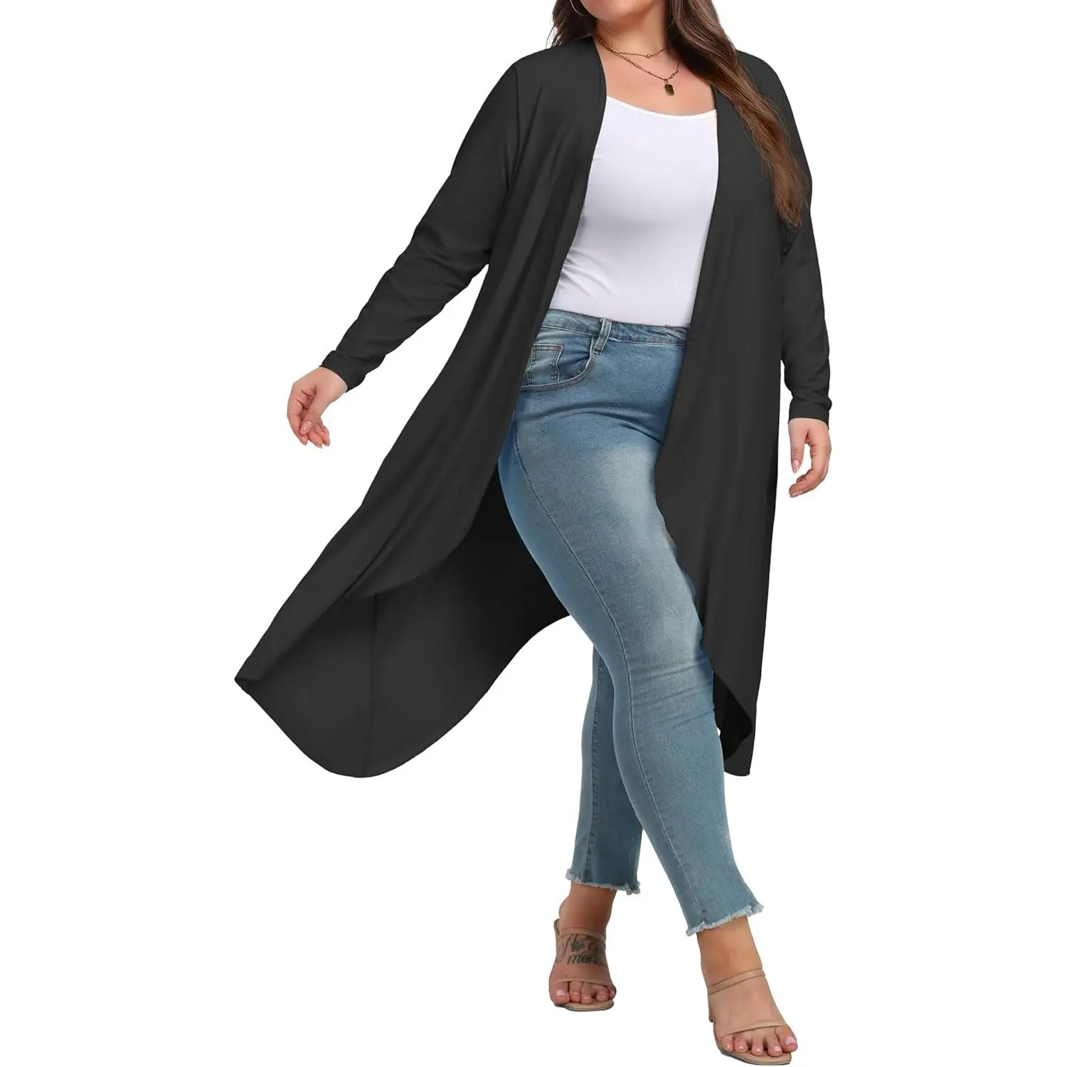 Women's Plus Size Duster Cardigan, Casual Open Front Garment in Soft Breathable Fabrics, Lightweight Long Sleeve Apparel with Pockets