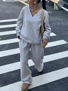 Women's V Neck Long Sleeve Pullover Sweater Set with Drawstring Wide Leg Pants, Casual Fall & Winter Fashion, Daily Wear