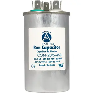 Appli Parts Dual Run Capacitor for ac 20+5 Mfd uF (microfarads) 370VAC or 450VAC CBB65 Round Universal fit for hvac and other applications 3-7/8 in High 2 in Wide CON-20/5-450