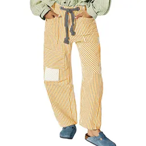 WomenStripedPants,ElasticWaistDrawstringPatchworkWideLegPantsLooseTrouserswithPocketsCasualCotton