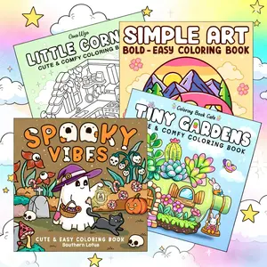 4-Pack Relaxing Coloring Books 🎨📚 - "Spooky Vibes"/"Cozy Nooks"/"Simple Art"/"Mini Gardens", 24 Pages Each, Cute Girls & Animals, Thick Bleed-Proof Paper, Black Friday Deal: Ideal Halloween/Christmas/Kids' Day Gift