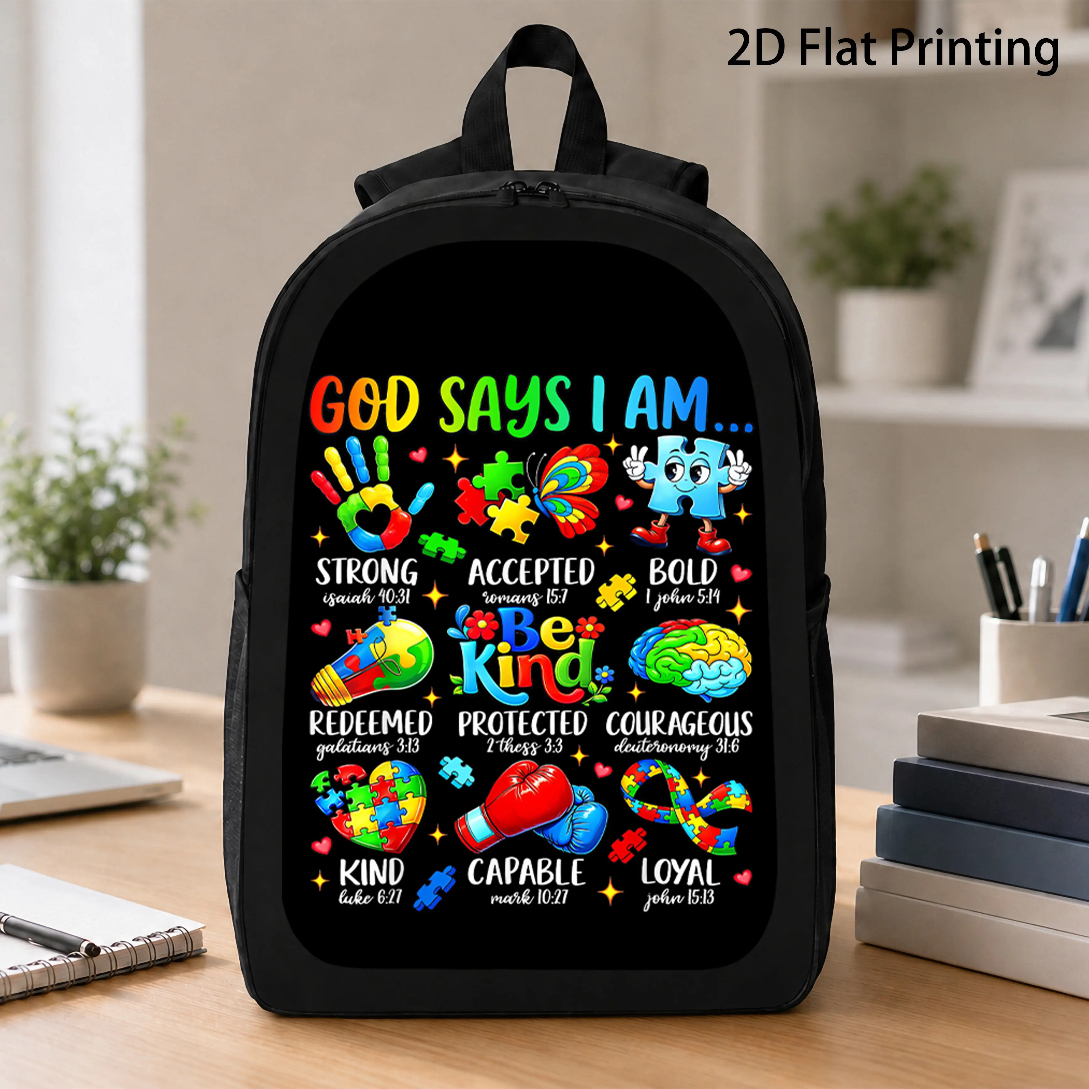 Autism Awareness Backpack Suitable for & - Large-Capacity Bookbag with Puzzle Print & "God Said I Am" "Please Be Kind", Nylon for, Daily Use - Autism Gear, 2D Flat