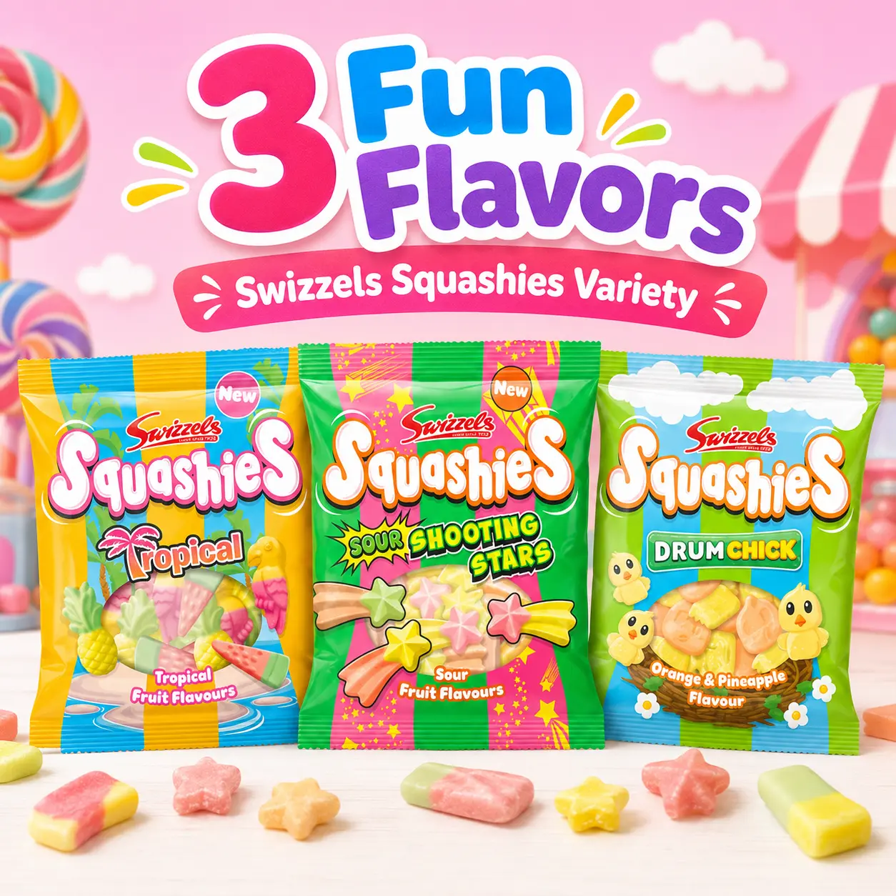 Fun Summer 3 pack Bundle UK Swizzel Squashie Flavors - Tropical, Sour Shooting Stars & Drum Chick - Gluten Free - Dye Free Soft Chewy Variety Candy
