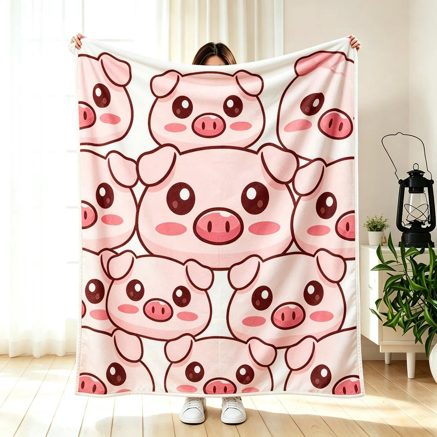 Cute Cartoon Pink Pig Face Print Flannel Throw Blanket Soft Cozy Lightweight Blanket For Sofa Bed Bedroom Decor Sweet Gift For Girls Women