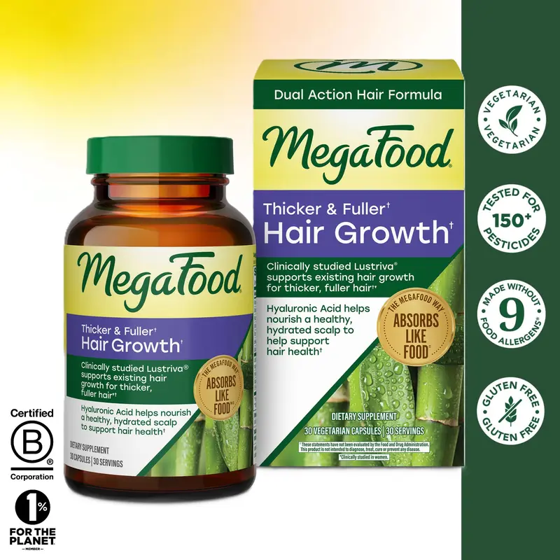 MegaFood Lustriva® Clinical Hair Growth Vitamin Dietary Supplement - 100000mcg Biotin, Hyaluronic Acid, Bamboo Shoot Extract - 30 Vegetarian Capsules for Adults - 3-week Growth Boost, Once-daily Easy Use - 30 Day/30 Ct, Thicker Hair, Healthy Scalp