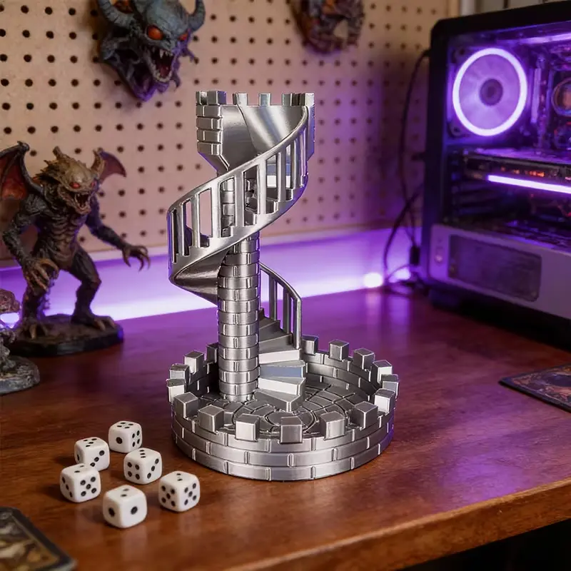 Spiral staircase track 3D printed automatic dice tower - Desktop role-playing game accessory, an automatic dice roller suitable for tabletop RPGs, with a decorated castle base featuring a dice storage tower
