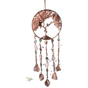 Light-Infused Live Life Tree Natural Stone Pink Crystal Dream Catcher, Ethereal Hanging Decor for Balcony, Crystal-Infused Home Supplies Gift