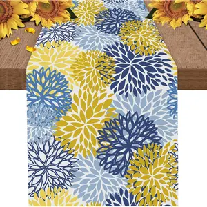 Dahlia Flowers Table Runner Linen,Floral Blue Yellow Table Runner Kitchen Decor for Home Party and Dining Room Dresser ,Scarf Decor for Holiday