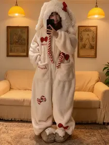 Women's CatPrint Onesie, Cute Cartoon Kity Pajamas Set, 100% Polyester Zip-Up Long Sleeve, Drop Seat Opening Design, Thanksgiving & Christmas Party Attire, Warm -Lined Winter Sleepwear, Family Xmas Matching Pajama Sets, Home Loungewear Jumpsuit