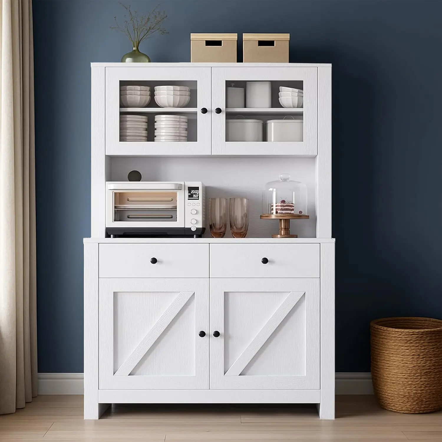 Gaomon 63 In Modern Freestanding Kitchen Pantry Cabinet - White, with Drawers, Hutch, Glass Doors, Adjustable Shelves, Microwave Stand, Reinforced Base, Clean Lines, Quick Setup, Anti-Tip Safety Kit, Assembly Required, for Dining Areas, Drawer Organizatio