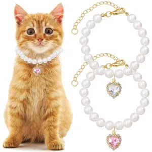 2-Pack Adjustable Pearl Cat Collar with Heart-Shaped Rhinestones - Cute Pet Necklace for Weddings, Parties, & Birthdays