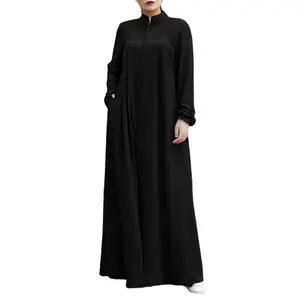 Womens Long Sleeve Abaya Muslim Dress Front Zipper Prayer Islamic Clothes with Pockets