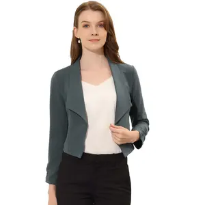 INSPIRE CHIC Women's Regular Fit Notched Lapel Ruched Sleeve Business Crop Blazer Small Deep Grey