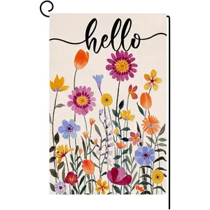 Hello Spring Floral Garden Flag 12x18 Vertical Double Sided Colorful Flowers Summer Farmhouse Holiday Outside Decorations Yard Flag, Linen Material, No Flagpole