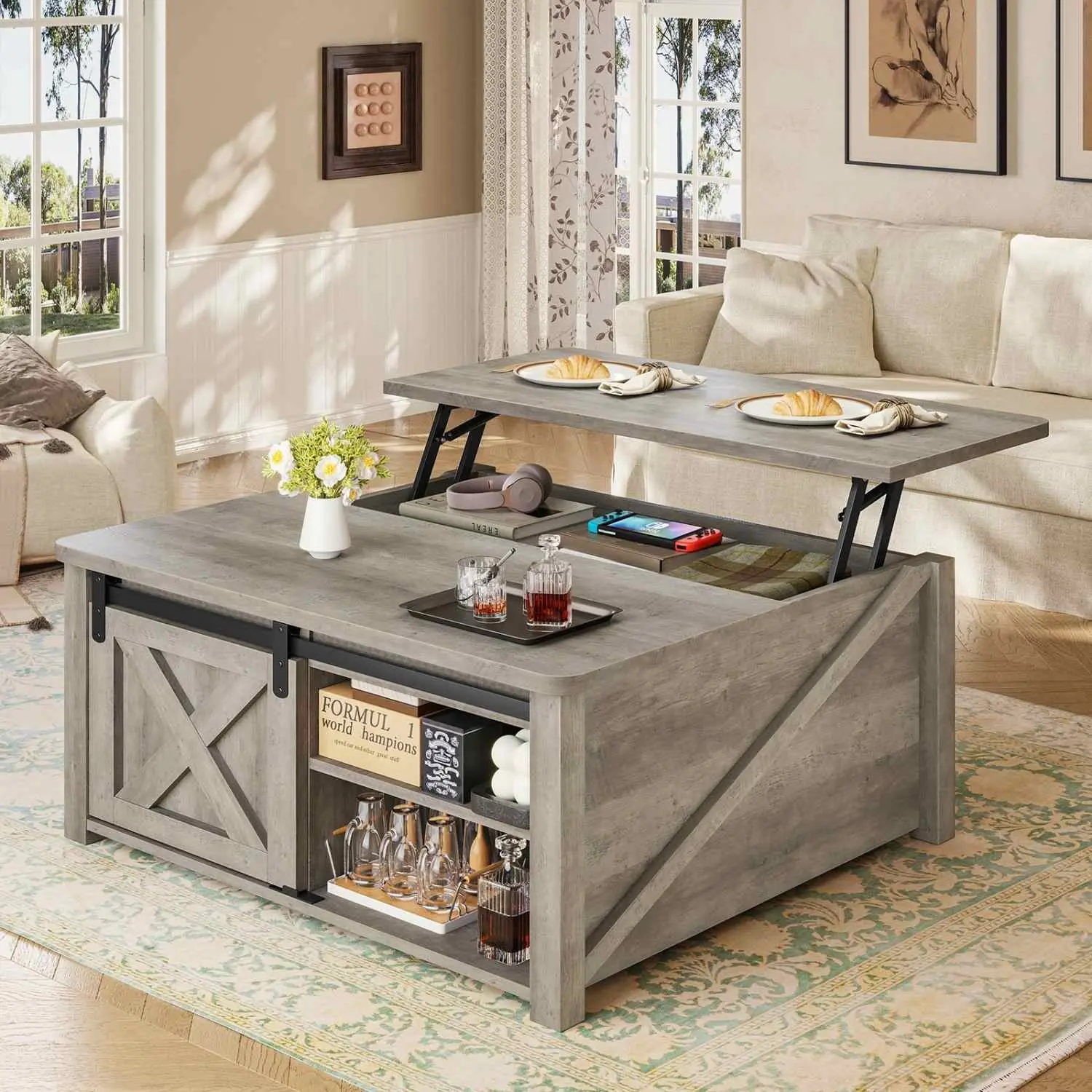 SIKAIC 31.5-Inch Lift Top Coffee Table - Adjustable Height Furniture with Hidden Storage, Gray Contemporary Modern Accent Indoor Table, Adjustable Height Table, Gray Contemporary Table