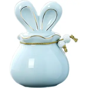 Ceramic Cremation Keepsake Urns for Human or Pet Ashes - Decorative Urn with Rabbit Ear Cover and Bleing Bag - Memorial Funeral Urn for Sharing Ashes（Blue）