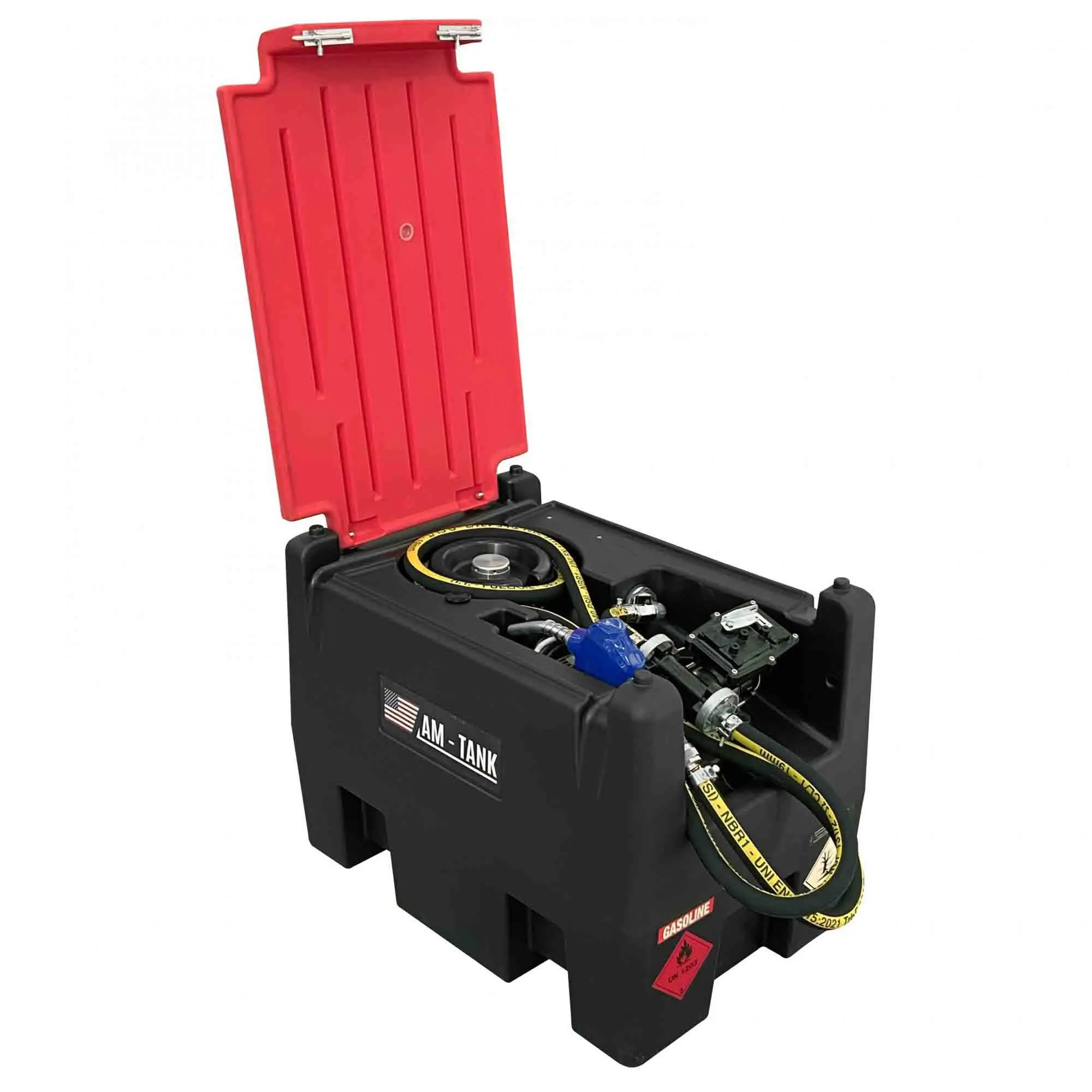 AM-TANK 58 Gallon Gasoline & Diesel Fuel Tank with 12 Volt Pump and Covering Lid AM-TANK 58 Gallon Gasoline & Diesel Fuel Tank with 12 Volt Pump and Covering Lid