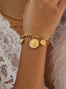 Ladies' Autumn Bracelet Exquisite and Sweet Bracelet 18k Gold-Plated Stainless Steel Waterproof Strap, White Water Diamond Ancient Coin Series, Angel Coin, Heart Four-Leaf Clover Pendant Jewelry Essential Bracelet for Early Autumn Commuting