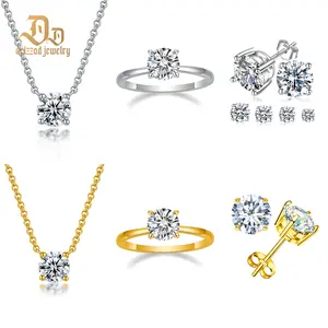 【Four-Prong Set】Delzzad Promise of Forever Set Solitaire Four-Prong Stud Earrings Necklace Ring Band Synthetic Moissanite S925 Jewelry Set Perfect Birthday Engagement Wedding Anniversary Christmas Gifts Crystal Set