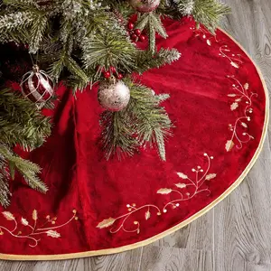 48 inches Red Luxury Velvet Plush Fur Christmas Tree Skirt with Gold Embroidered Holly Leaf for Rustic Xmas Tree Holiday Decorations