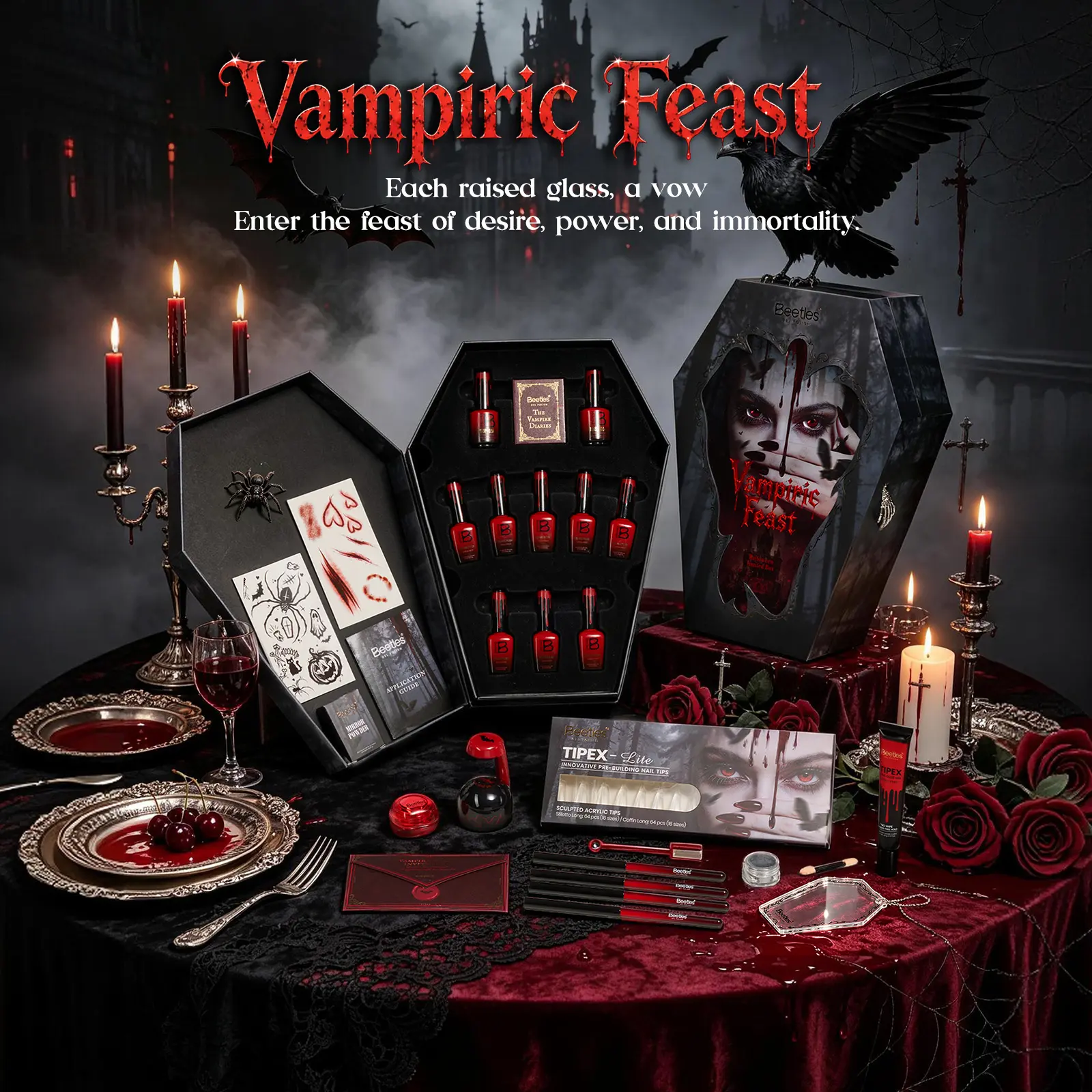 Beetles Gothic Halloween Vampiric Feast Limited Edition Manicure Kit, Hema-Free Gel Polish Collection with Tipex Lite Fake Nails, UV Lamp & Nail Art Essentials (Includes Tips) Cutics Cutics Cutics
