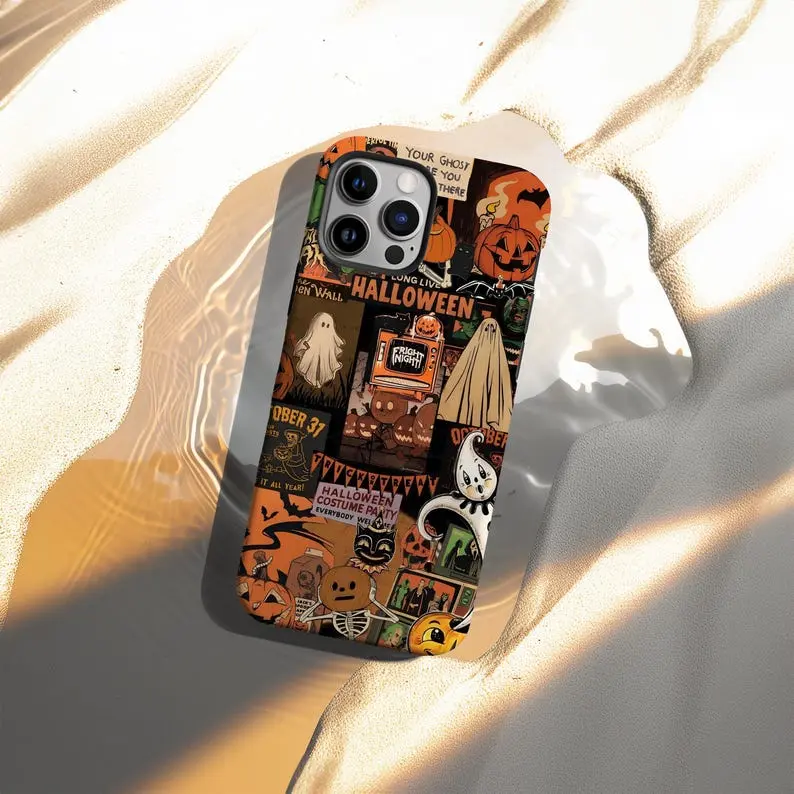 Halloween Ghost Pumpkin Phone Case for iPhone 17 16 15 14 13 12 11 Pro Max | Spooky Collage Protective Cover