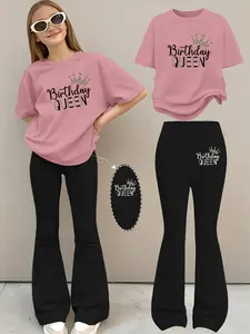 2pcs Girls' Summer Fashion Clothes Cartoon Print Drop Shoulder Short Sleeve T-Shirt + Elastic Bell Flared Pants Set, Cute Loose-Fit for All Seasons