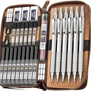 30PCS Art Mechanical Pencils Set in Leather Case, Metal Drafting Pencil 0.5, 0.7, 0.9 mm, 2mm Lead Holders for Sketching Drawing With 16 Tube (6B 4B 2B HB 2H 4H Colors) Refills Silver