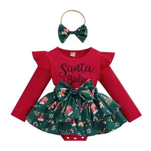 Christmas Infant Baby Girls Romper Dress Ruffles Long Sleeve Bowknot Skirt Hem Jumpsuits Headband Sets