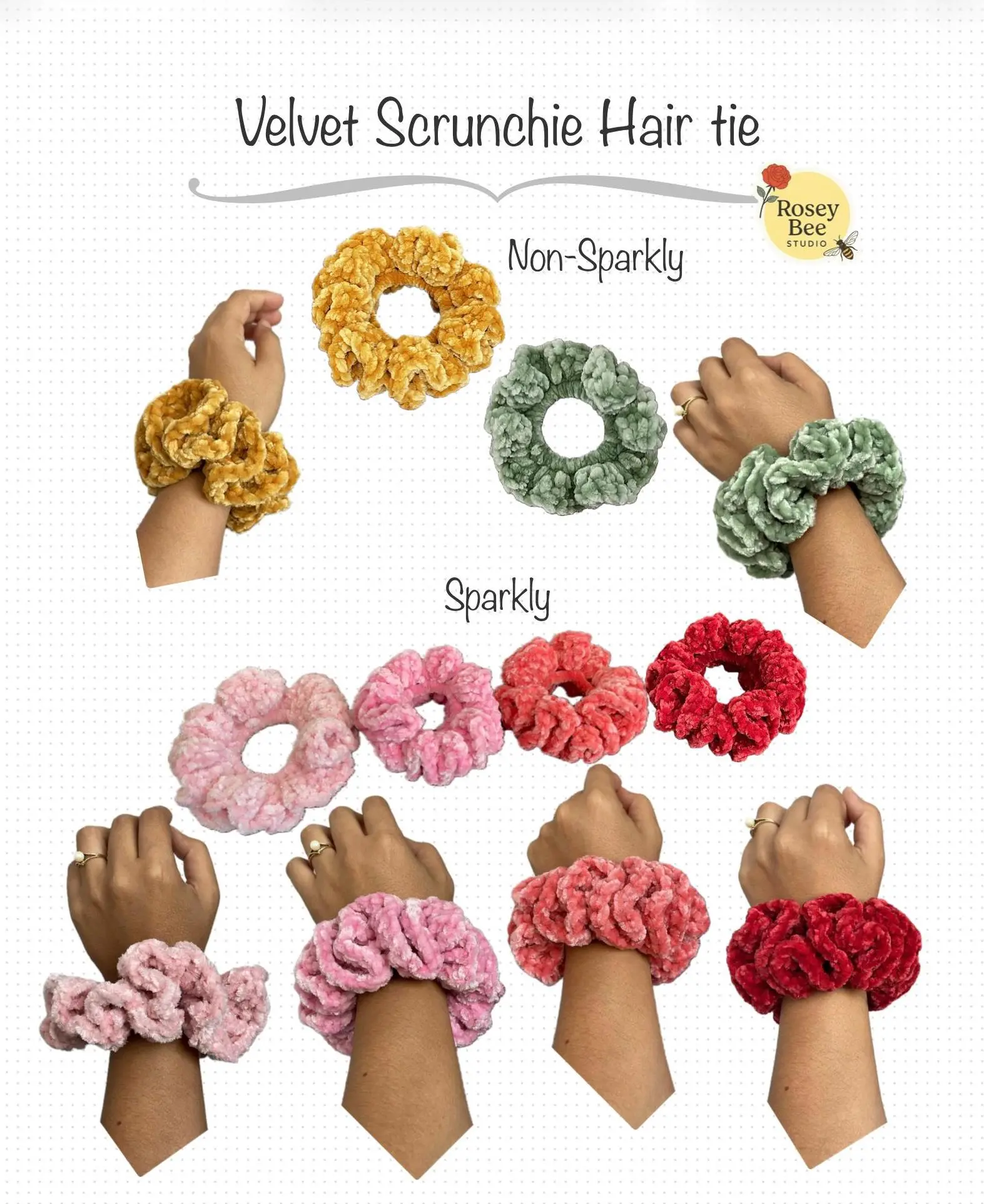 Rosie Bee Velvet Scrunchie Crochet Hair Tie - Custom & Premade Sparkly & Non-Sparkly Options Juicy Couture Luxe Velour Handmade Adult Size