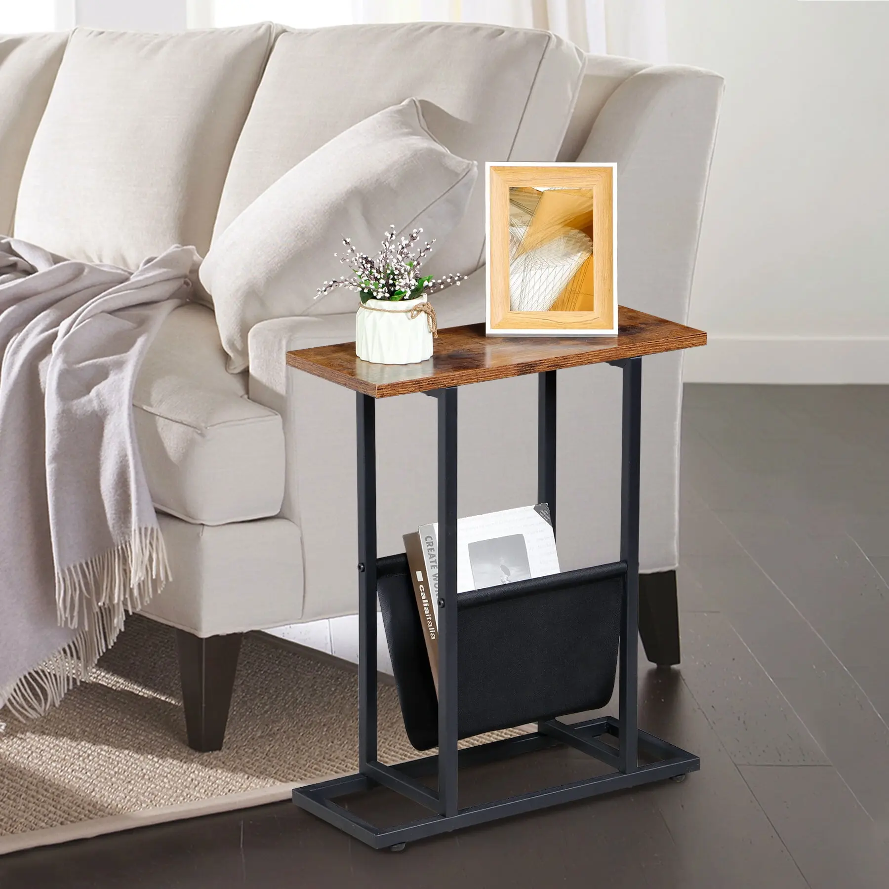 Zeny Compact Narrow Rectangle Entryway Sofa Table - MDF Wood Top, Metal Frame & Legs, 45 lbs, Adjustable Height, Storage Bag, Rustic Look Side Table Living Room Furniture