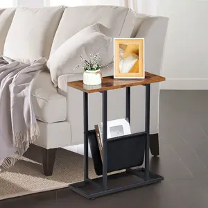 ZENY Narrow Side Table Small Metal End Table W/Storage Holder for Sofa Couch Bed, Rustic Brown