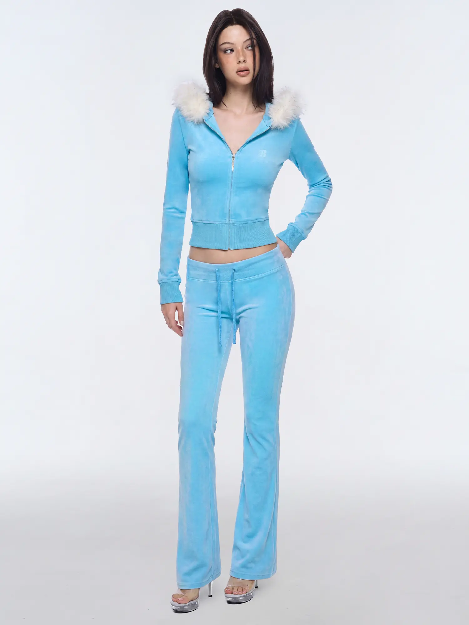 FDR Women’s Rhinestone Zip-Up Hoodie with Faux Fur Collar & Slim Flare Sweatpants Set, Y2K Two-Piece Tracksuit for Trendy Streetwear
